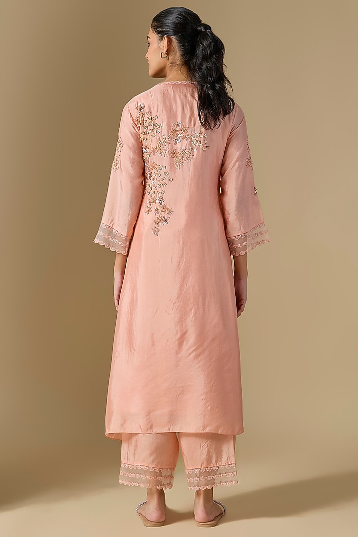 Blush Pink Silk Hand Embroidered Kurta Set by One not two at Pernia's Pop Up Shop