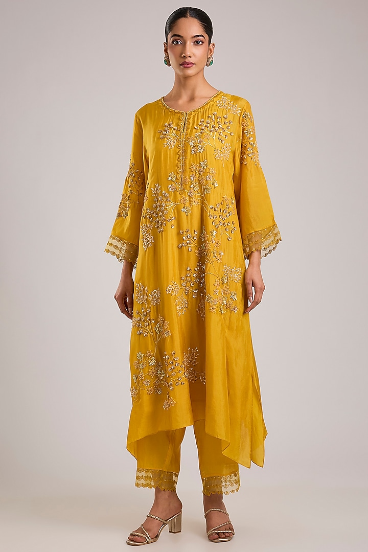 Amber Yellow Viscose Organza Hand Embroidered Kurta Set by One not two at Pernia's Pop Up Shop