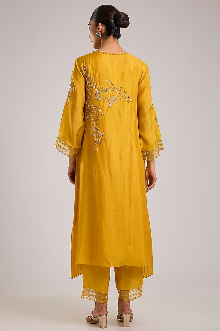 Amber Yellow Viscose Organza Hand Embroidered Kurta Set by One not two at Pernia's Pop Up Shop