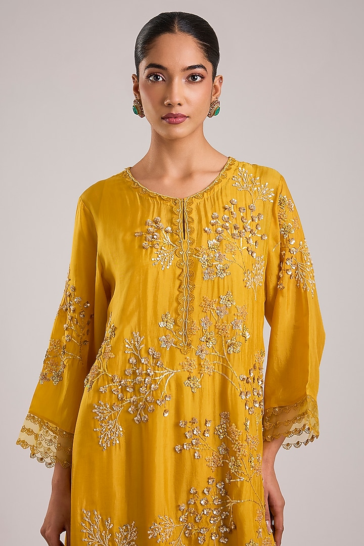 Amber Yellow Viscose Organza Hand Embroidered Kurta Set by One not two at Pernia's Pop Up Shop