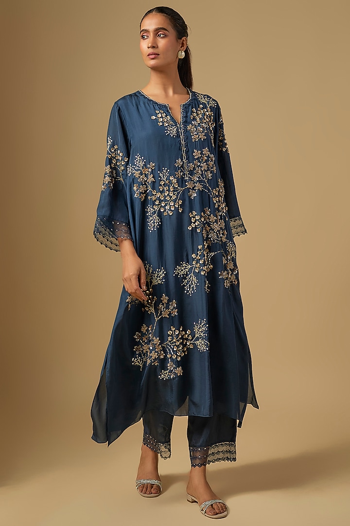 Navy Blue Silk Hand Embroidered Kurta Set by One not two at Pernia's Pop Up Shop