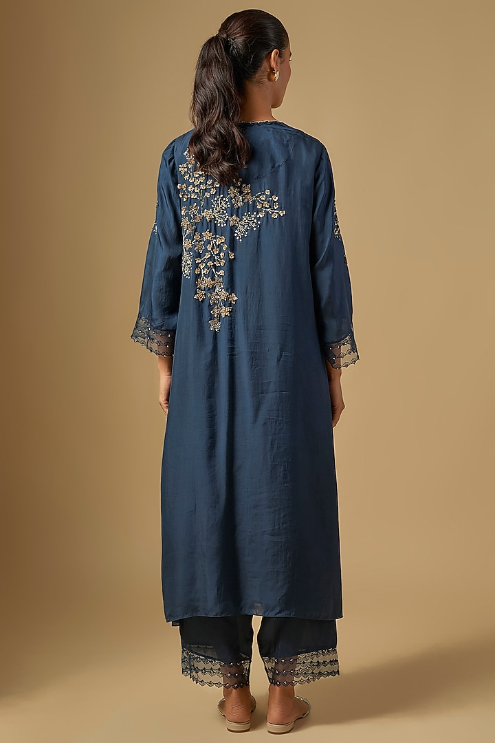Navy Blue Silk Hand Embroidered Kurta Set by One not two at Pernia's Pop Up Shop