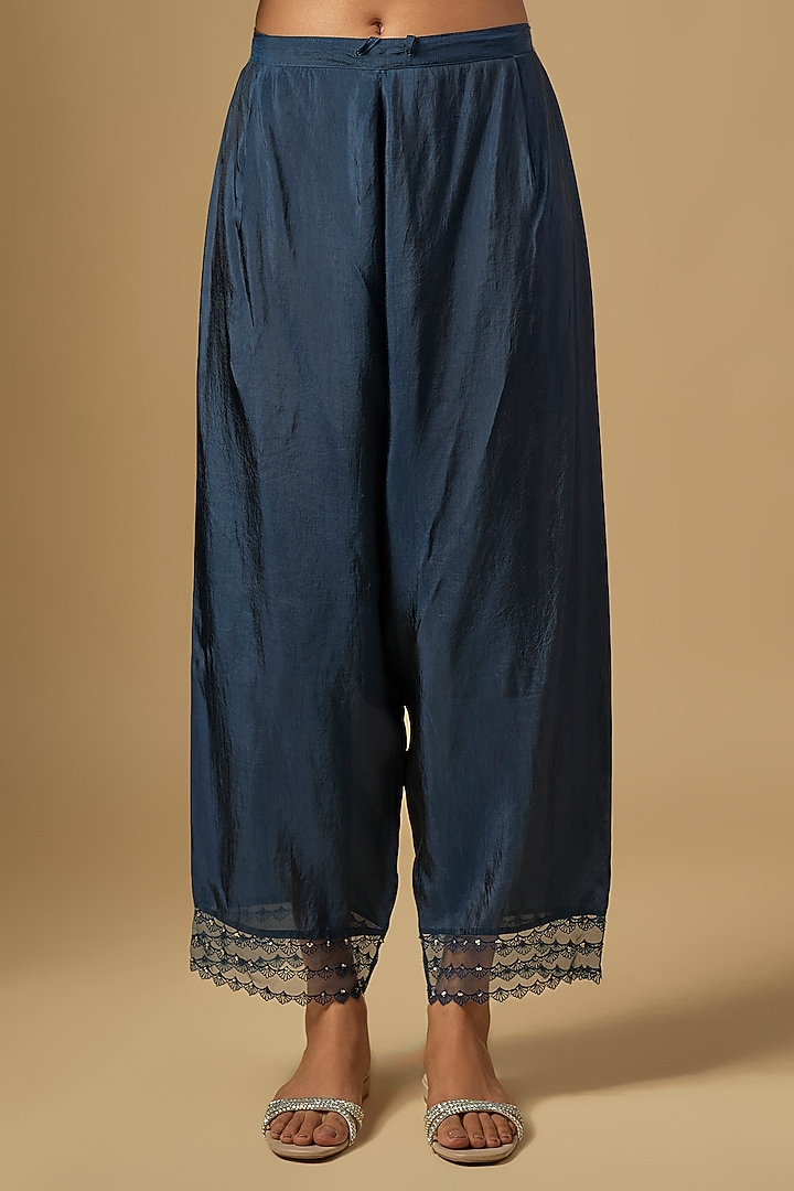 Navy Blue Silk Hand Embroidered Kurta Set by One not two at Pernia's Pop Up Shop