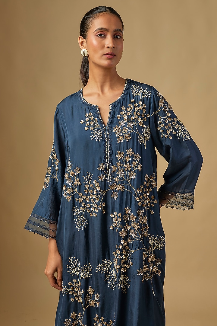 Navy Blue Silk Hand Embroidered Kurta Set by One not two at Pernia's Pop Up Shop