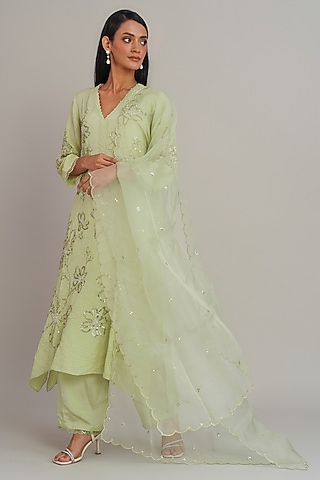 Aloe Green Silk Organza Sequins Embroidered Dupatta by One not two