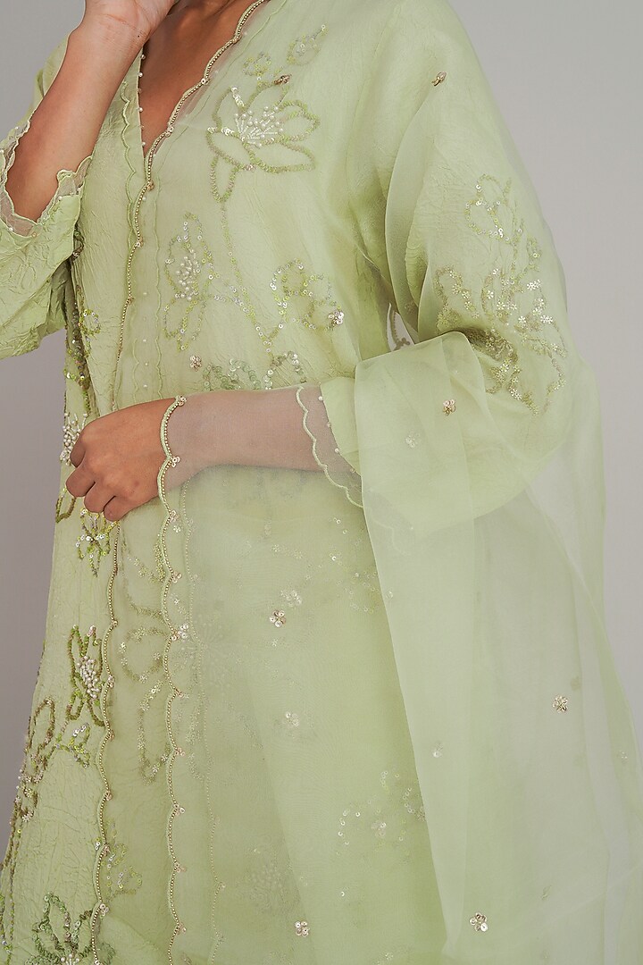 Aloe Green Silk Organza Sequins Embroidered Dupatta by One not two at Pernia's Pop Up Shop