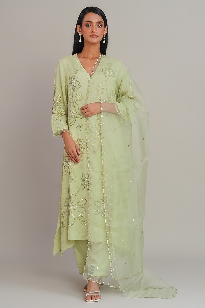 Aloe Green Silk Organza Sequins Embroidered Dupatta by One not two at Pernia's Pop Up Shop