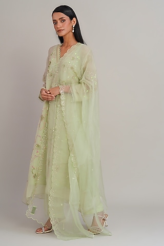 Aloe Green Silk Organza Sequins Embroidered Dupatta by One not two