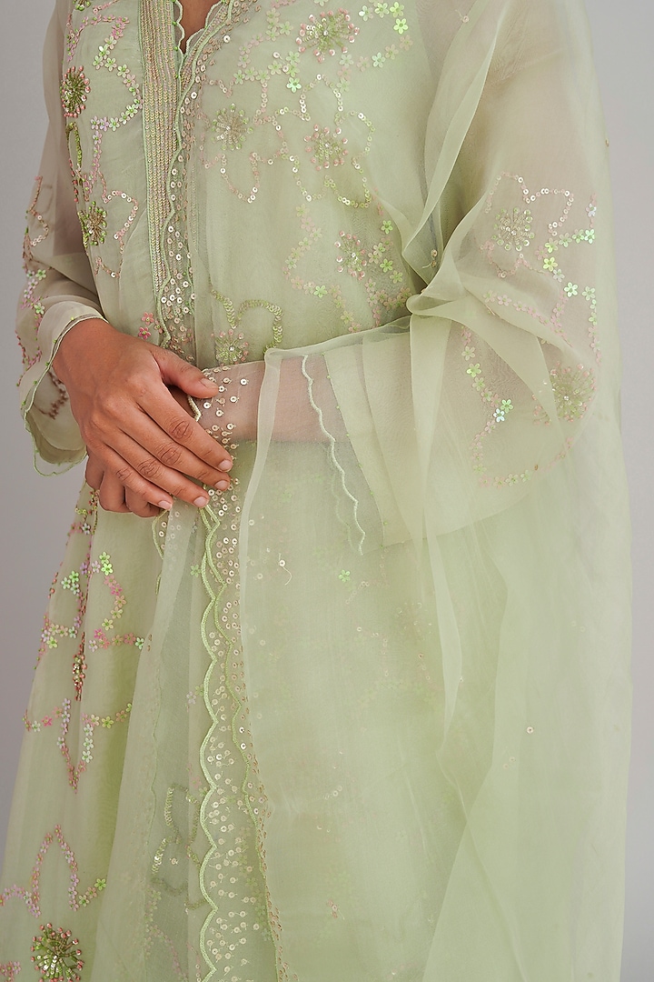 Aloe Green Silk Organza Sequins Embroidered Dupatta by One not two at Pernia's Pop Up Shop