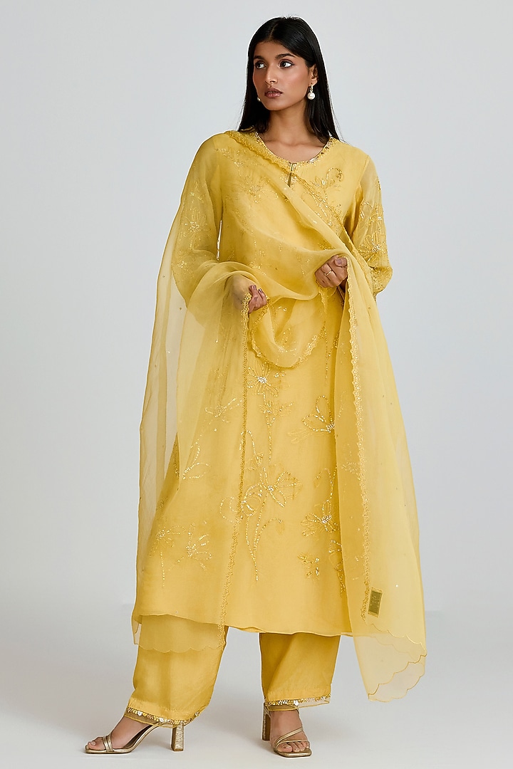 Daffodil Yellow Silk Organza Sequins Embroidered Dupatta by One not two at Pernia's Pop Up Shop