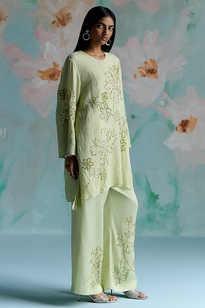 Aloe Green Silk Floral Hand Embroidered Kurta Set by One not two at Pernia's Pop Up Shop