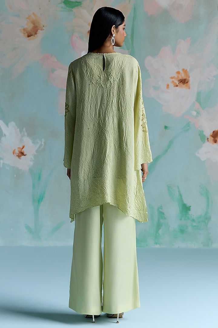 Aloe Green Silk Floral Hand Embroidered Kurta Set by One not two at Pernia's Pop Up Shop