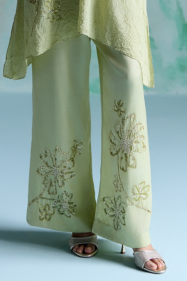 Aloe Green Silk Floral Hand Embroidered Kurta Set by One not two at Pernia's Pop Up Shop