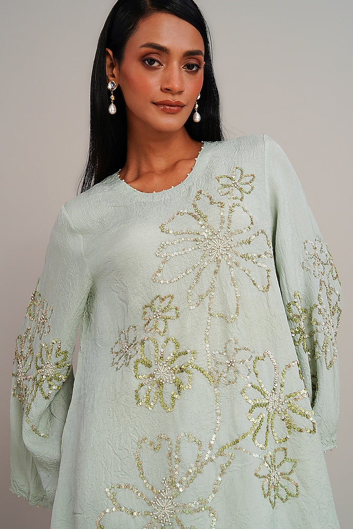 Opal Colored Silk Floral Hand Embroidered Kurta Set by One not two at Pernia's Pop Up Shop