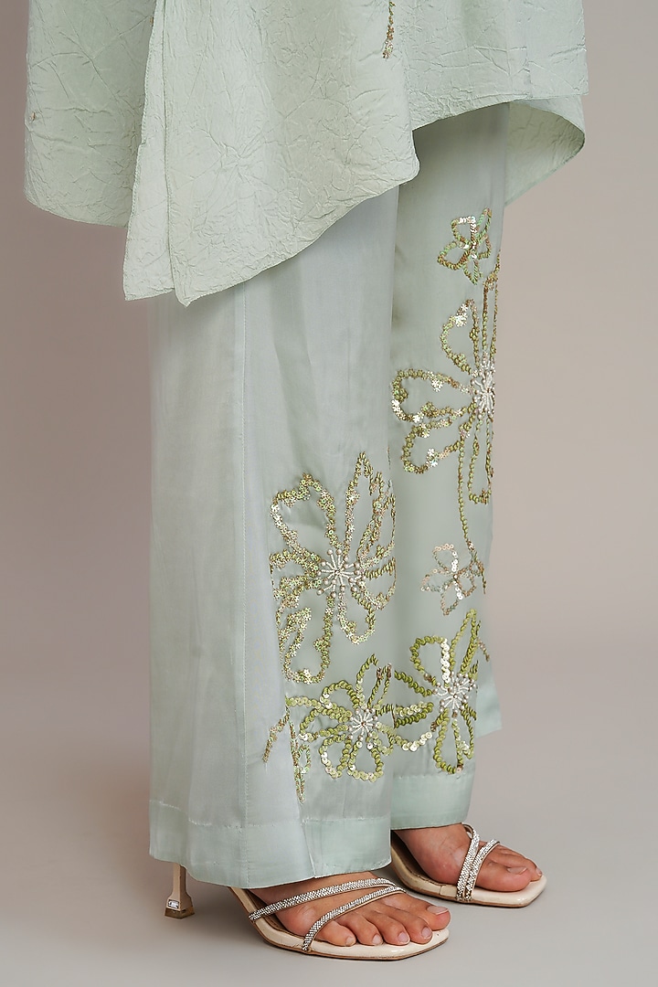 Opal Colored Silk Floral Hand Embroidered Kurta Set by One not two at Pernia's Pop Up Shop
