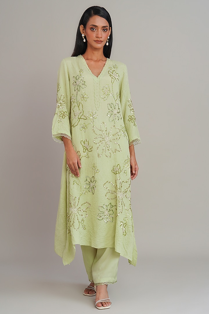 Aloe Green Silk Floral Hand Embroidered Kurta Set by One not two at Pernia's Pop Up Shop