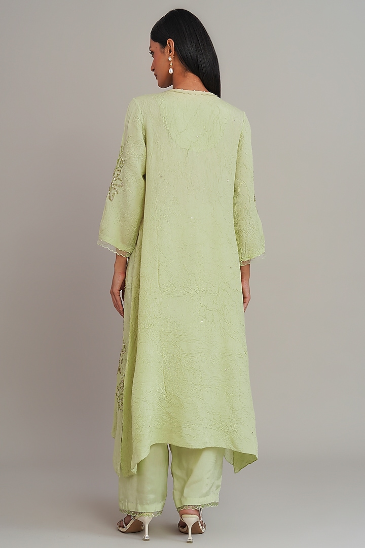 Aloe Green Silk Floral Hand Embroidered Kurta Set by One not two at Pernia's Pop Up Shop