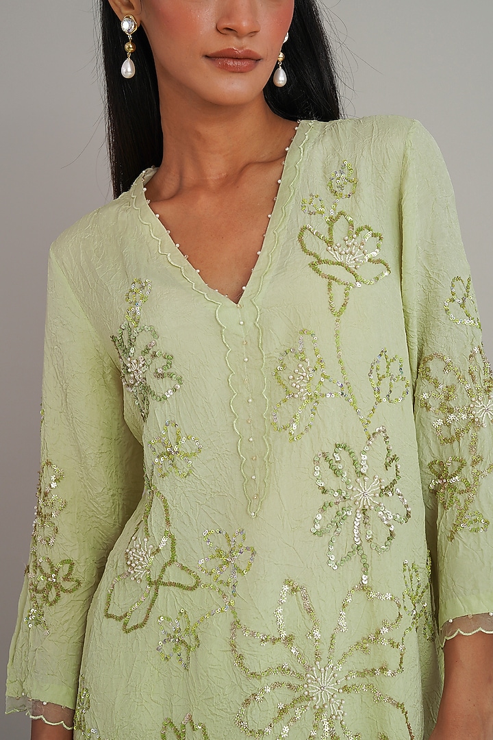 Aloe Green Silk Floral Hand Embroidered Kurta Set by One not two at Pernia's Pop Up Shop
