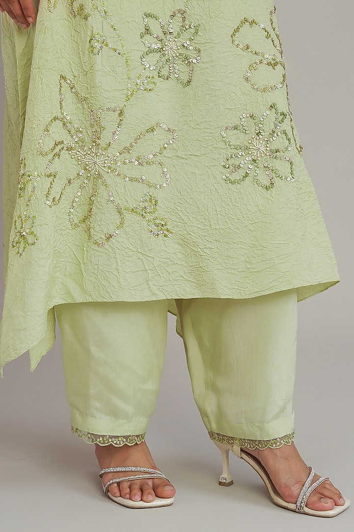 Aloe Green Silk Floral Hand Embroidered Kurta Set by One not two at Pernia's Pop Up Shop