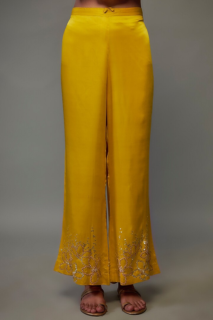 Yellow Viscose Silk Floral Sequins Embroidered Kurta Set by One not two at Pernia's Pop Up Shop