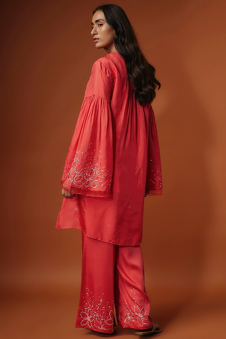 Red Viscose Silk Floral Sequins Embroidered Kurta Set by One not two at Pernia's Pop Up Shop