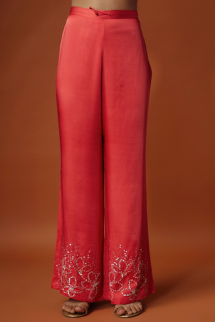 Red Viscose Silk Floral Sequins Embroidered Kurta Set by One not two at Pernia's Pop Up Shop