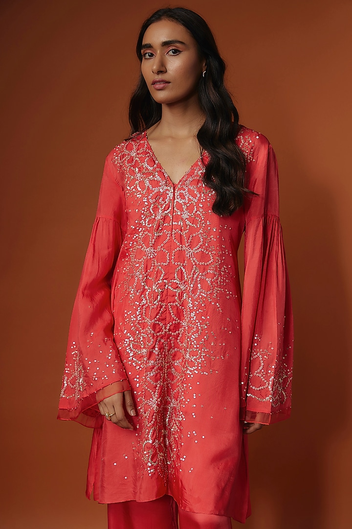 Red Viscose Silk Floral Sequins Embroidered Kurta Set by One not two at Pernia's Pop Up Shop