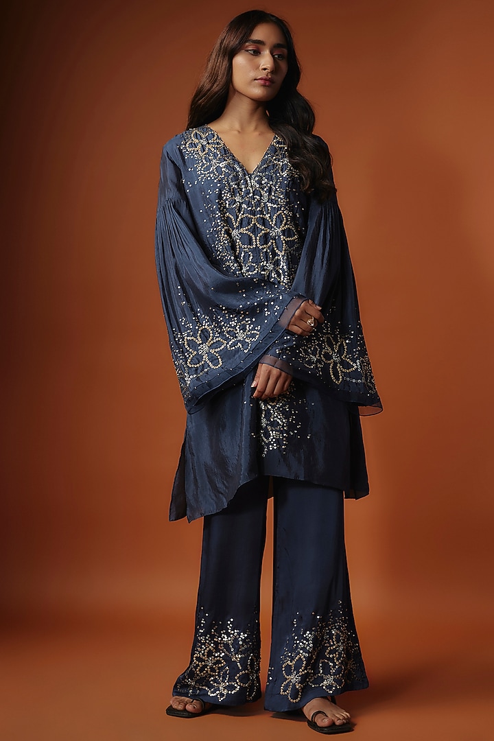 Blue Viscose Silk Floral Sequins Embroidered Kurta Set by One not two at Pernia's Pop Up Shop