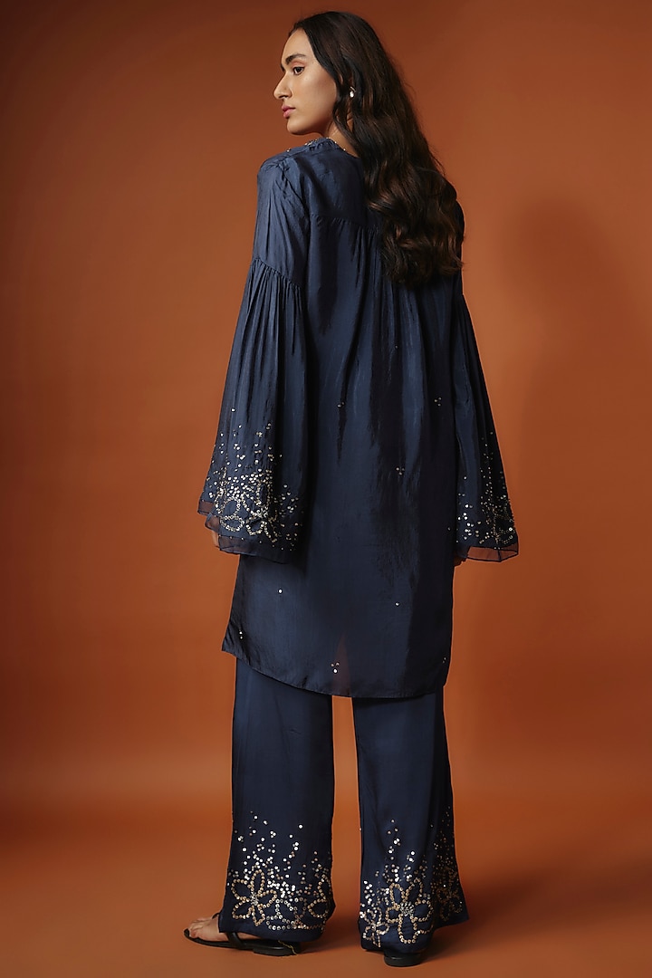 Blue Viscose Silk Floral Sequins Embroidered Kurta Set by One not two at Pernia's Pop Up Shop