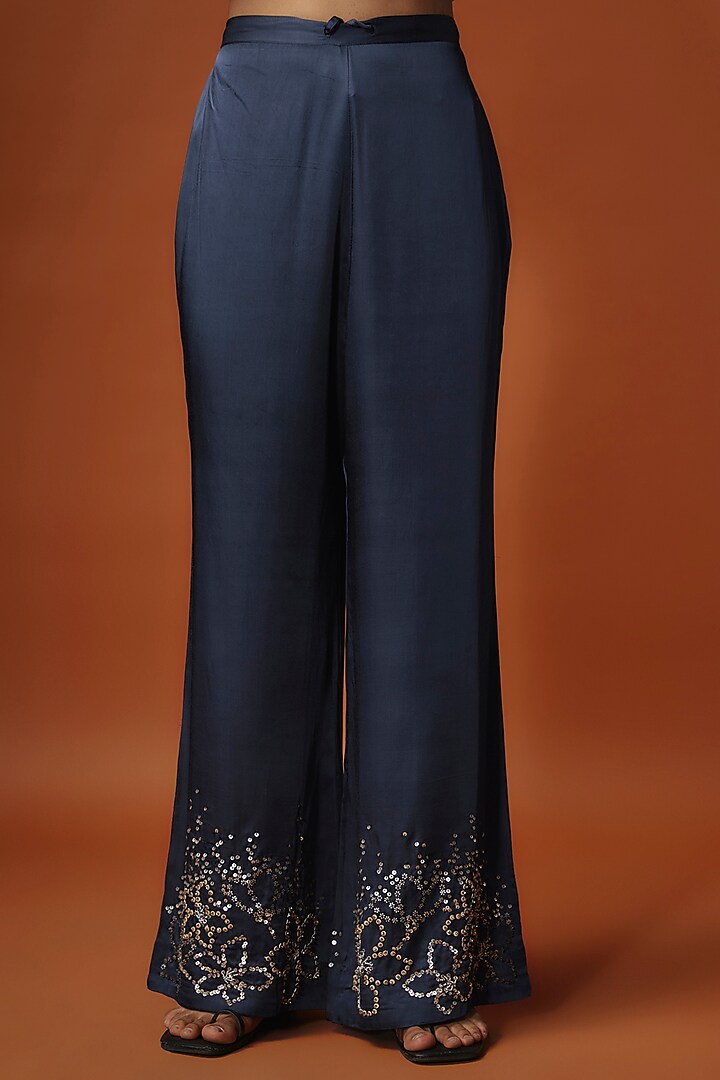 Blue Viscose Silk Floral Sequins Embroidered Kurta Set by One not two at Pernia's Pop Up Shop