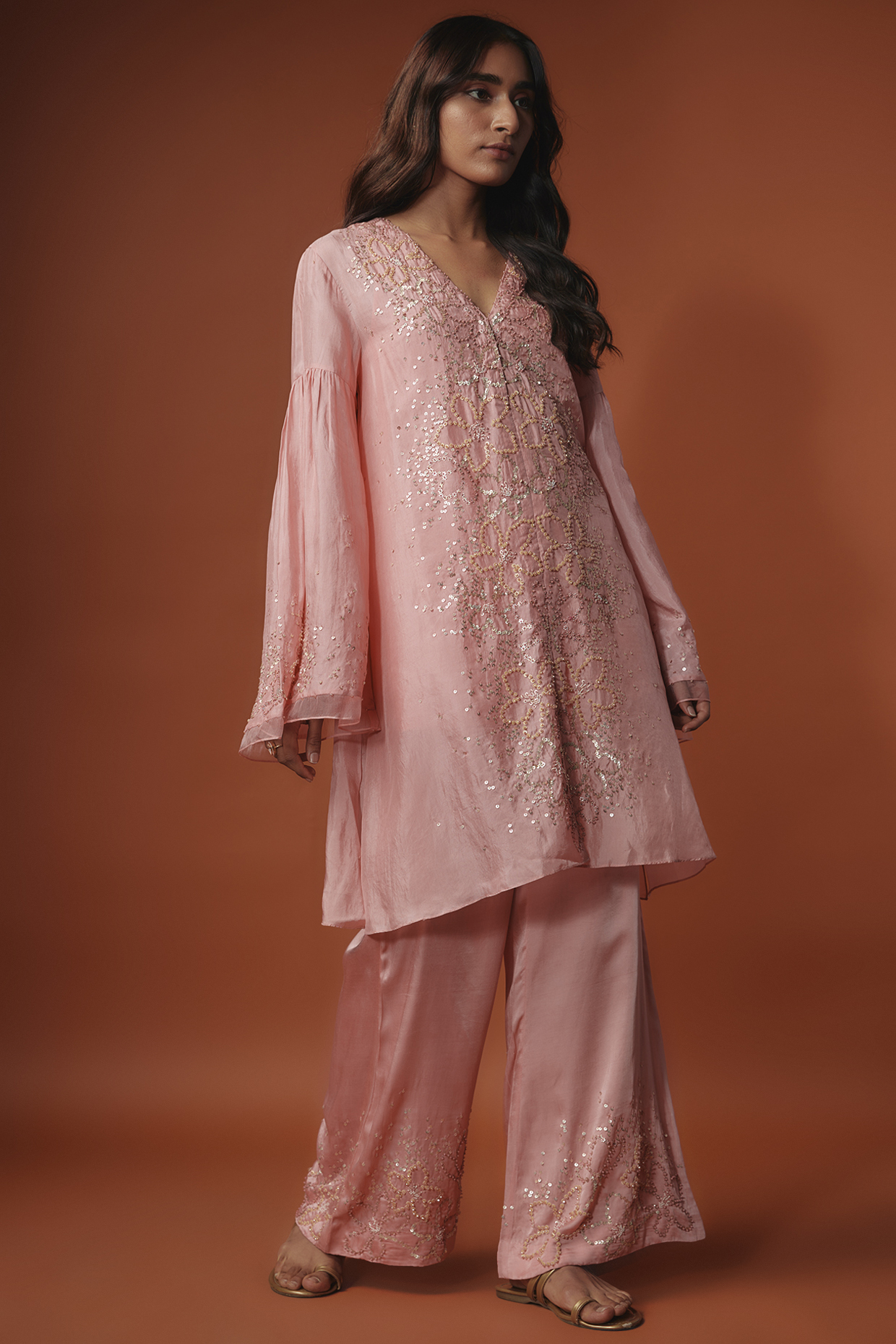 Pink Viscose Silk Floral Sequins Embroidered Kurta Set by One not two at Pernia's Pop Up Shop