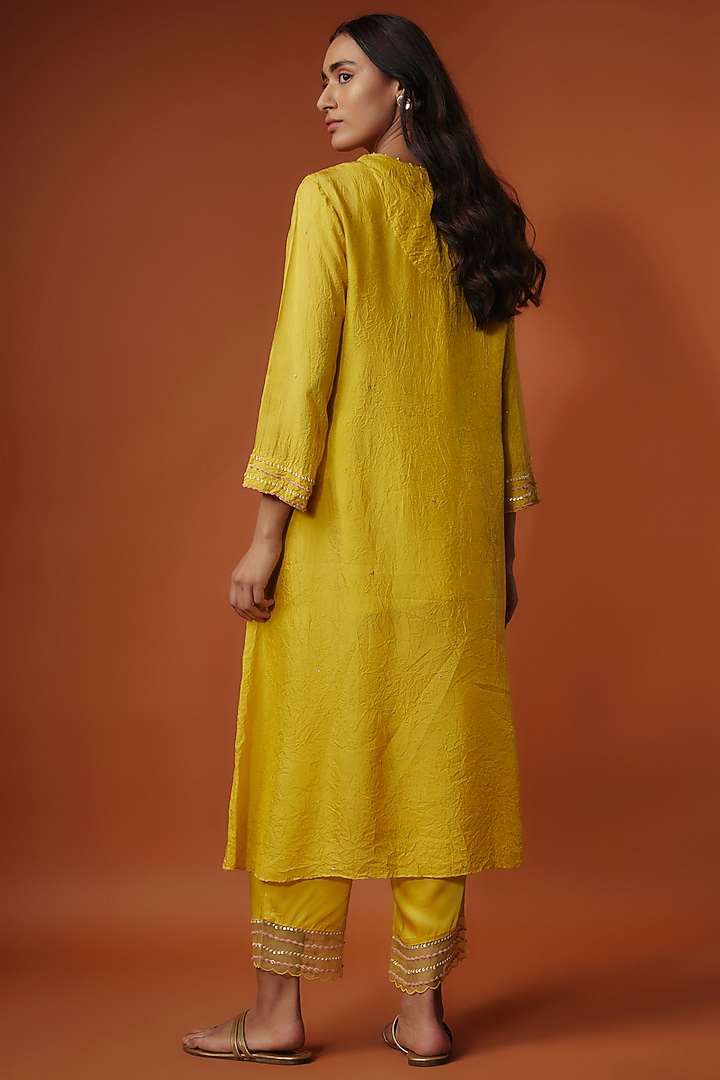 Yellow Crushed Silk Bead Embroidered Kurta Set by One not two at Pernia's Pop Up Shop