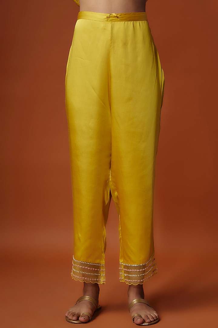 Yellow Crushed Silk Bead Embroidered Kurta Set by One not two at Pernia's Pop Up Shop