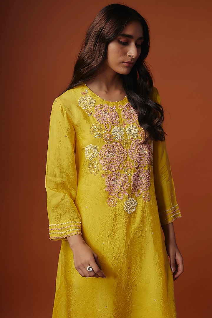 Yellow Crushed Silk Bead Embroidered Kurta Set by One not two at Pernia's Pop Up Shop