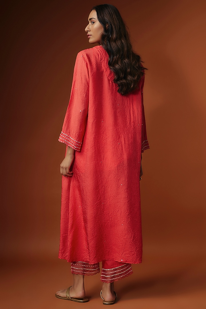 Red Crushed Silk Bead Embroidered Kurta Set by One not two at Pernia's Pop Up Shop