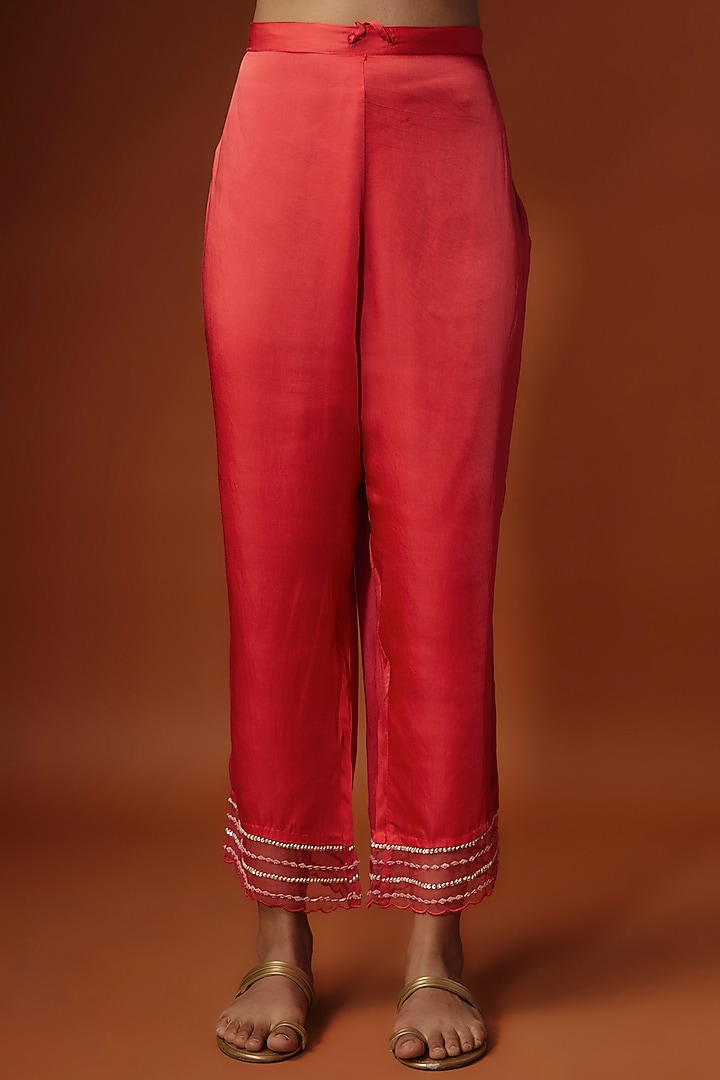 Red Crushed Silk Bead Embroidered Kurta Set by One not two at Pernia's Pop Up Shop
