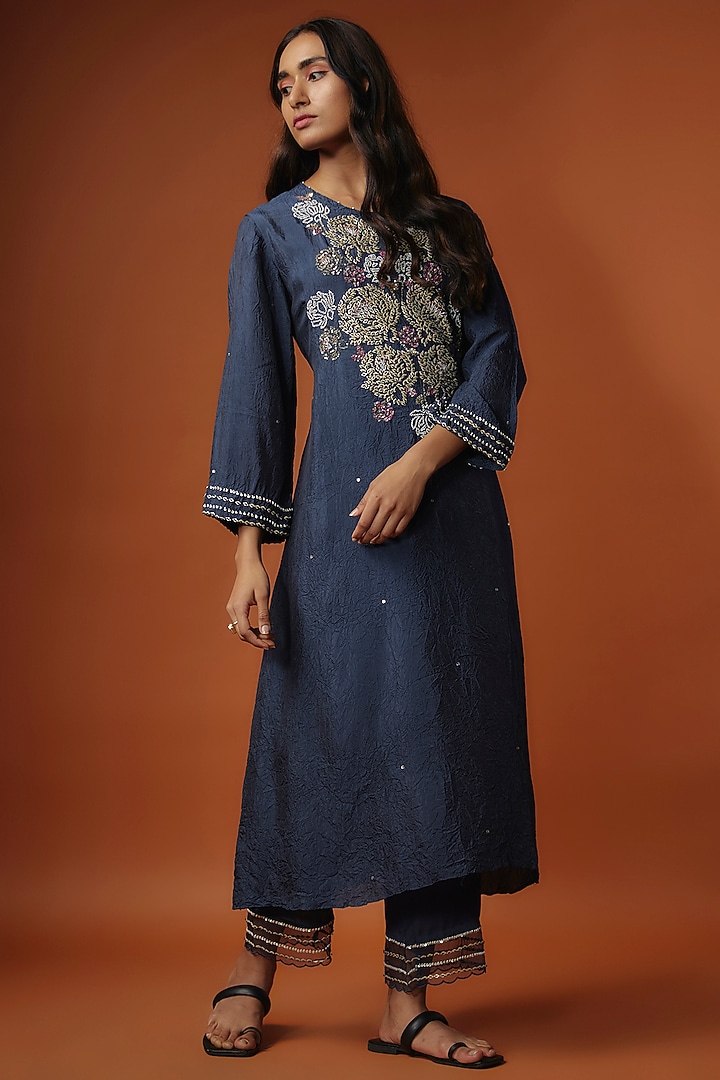 Navy Blue Crushed Silk Bead Embroidered Kurta Set by One not two at Pernia's Pop Up Shop