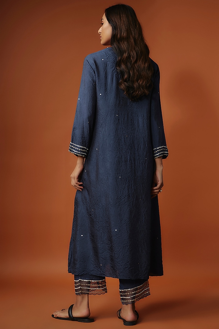Navy Blue Crushed Silk Bead Embroidered Kurta Set by One not two at Pernia's Pop Up Shop