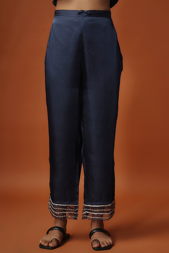 Navy Blue Crushed Silk Bead Embroidered Kurta Set by One not two at Pernia's Pop Up Shop