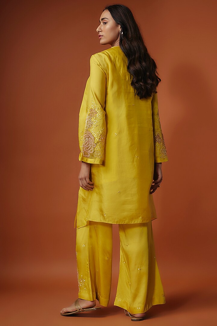 Yellow Viscose Silk Floral Sequins Embroidered Kurta Set by One not two at Pernia's Pop Up Shop