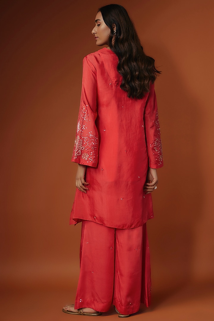 Red Viscose Silk Floral Sequins Embroidered Kurta Set by One not two at Pernia's Pop Up Shop