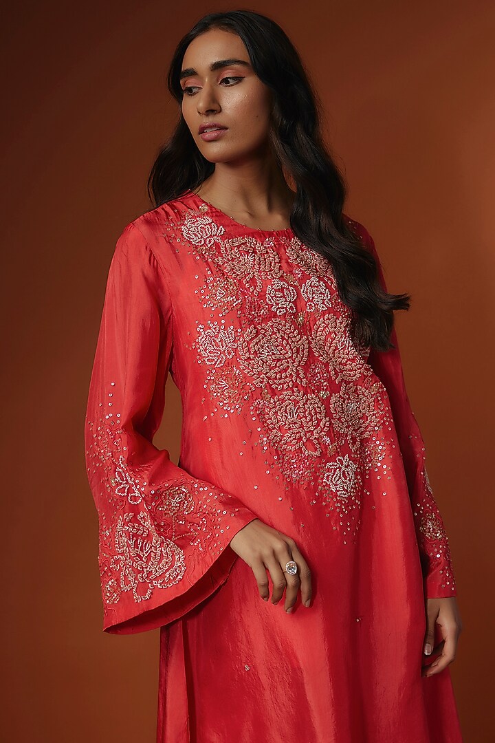 Red Viscose Silk Floral Sequins Embroidered Kurta Set by One not two at Pernia's Pop Up Shop