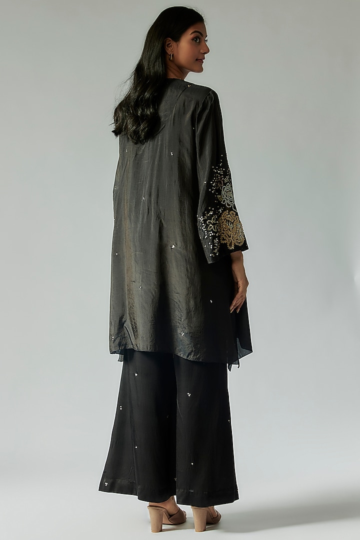 Black Viscose Silk Floral Embroidered Kurta Set by One not two at Pernia's Pop Up Shop