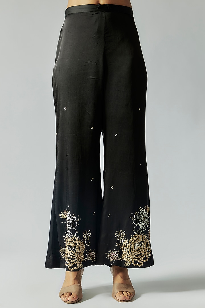 Black Viscose Silk Floral Embroidered Kurta Set by One not two at Pernia's Pop Up Shop