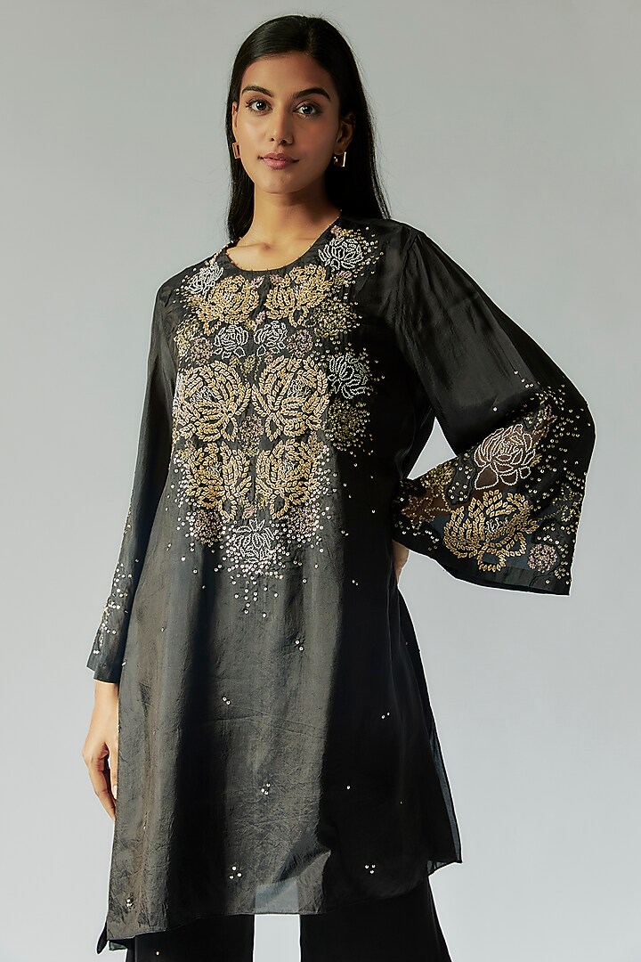 Black Viscose Silk Floral Embroidered Kurta Set by One not two at Pernia's Pop Up Shop
