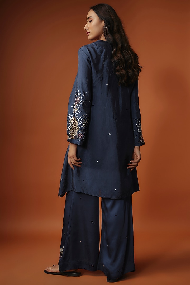 Blue Viscose Silk Floral Sequins Embroidered Kurta Set by One not two at Pernia's Pop Up Shop