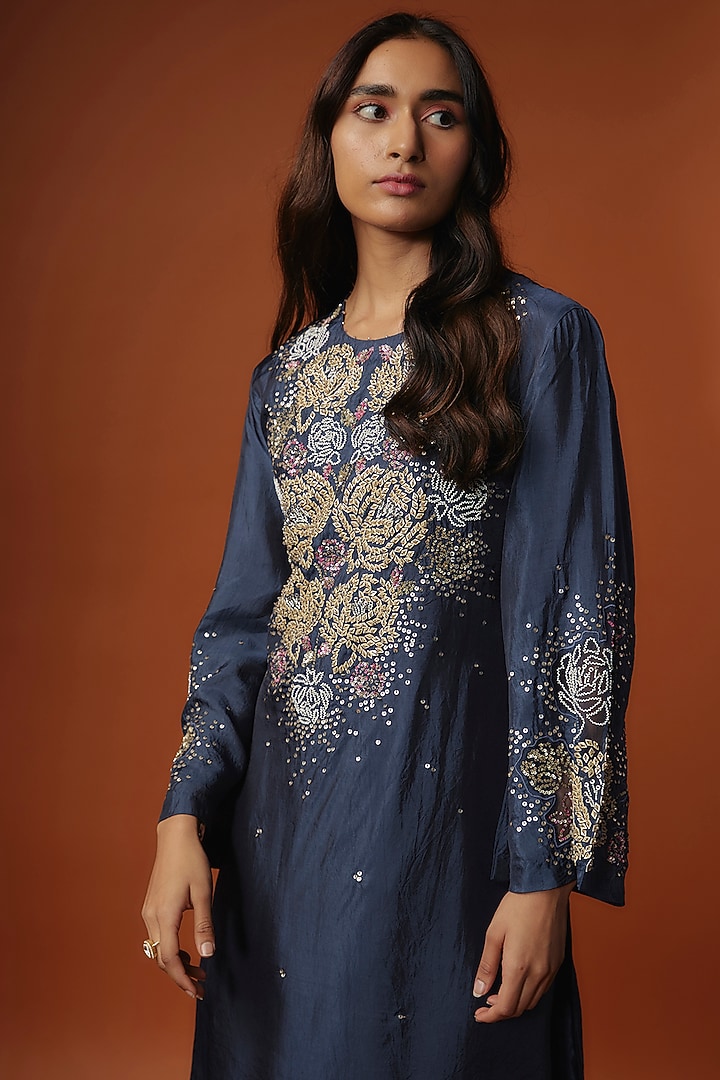 Blue Viscose Silk Floral Sequins Embroidered Kurta Set by One not two at Pernia's Pop Up Shop
