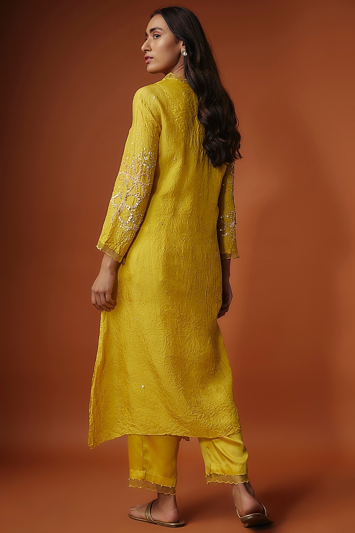 Yellow Crushed Silk Bead Embroidered Kurta Set by One not two at Pernia's Pop Up Shop