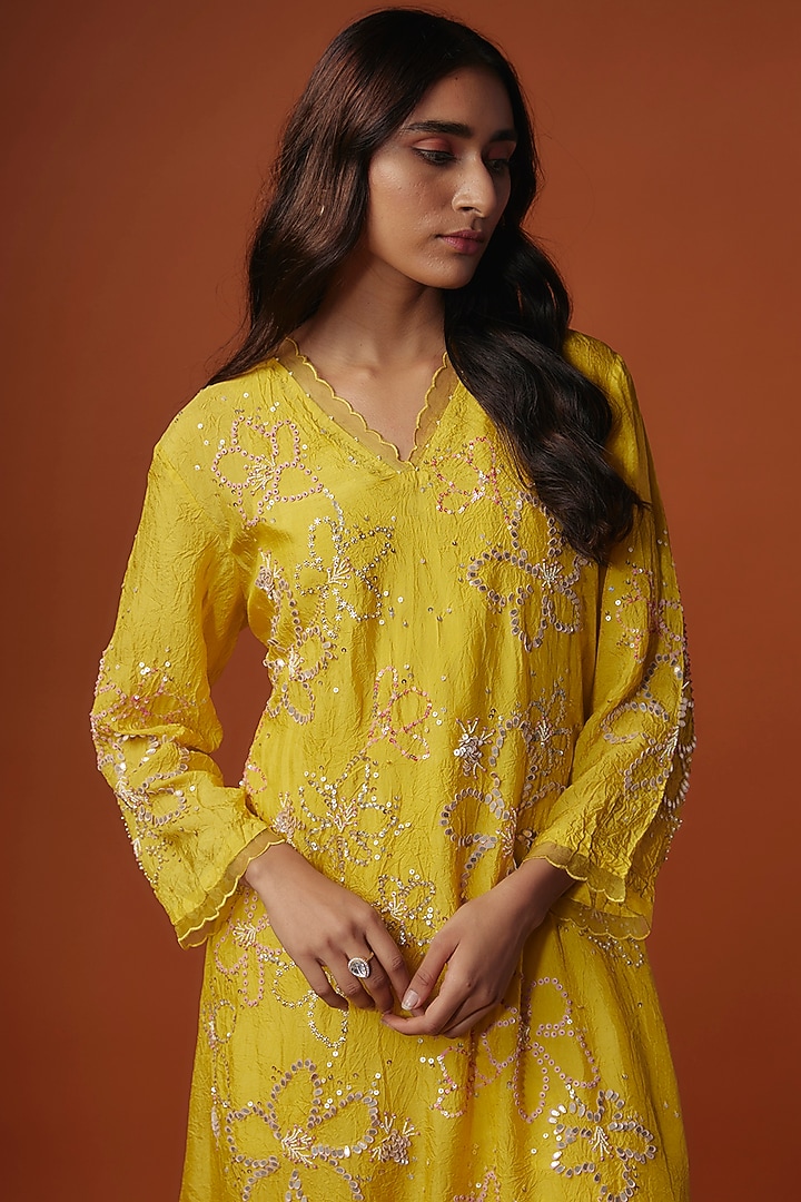 Yellow Crushed Silk Bead Embroidered Kurta Set by One not two at Pernia's Pop Up Shop