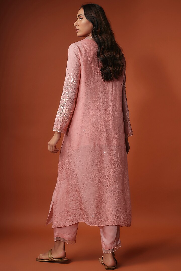 Pink Crushed Silk Bead Embroidered Kurta Set by One not two at Pernia's Pop Up Shop